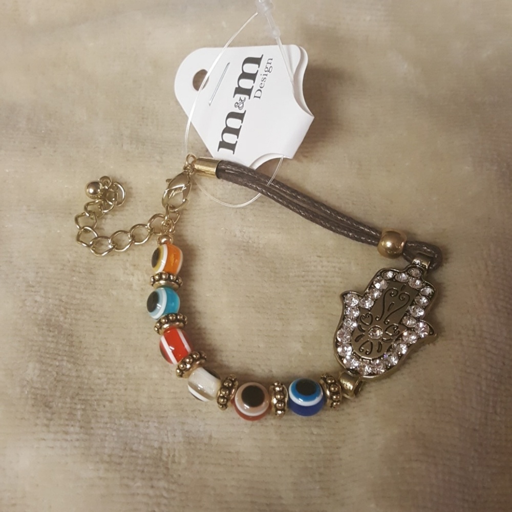 Hand of Fatima and evil eye bracelet with leather
